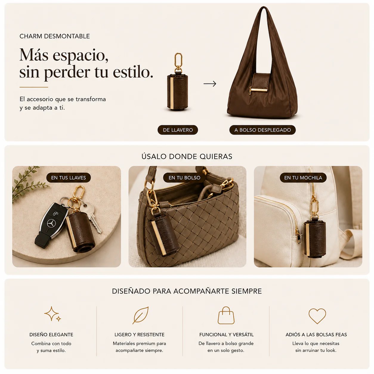 Varelli Charm Transformable Bag – Stylish Vegan Leather Tote & Keychain Charm